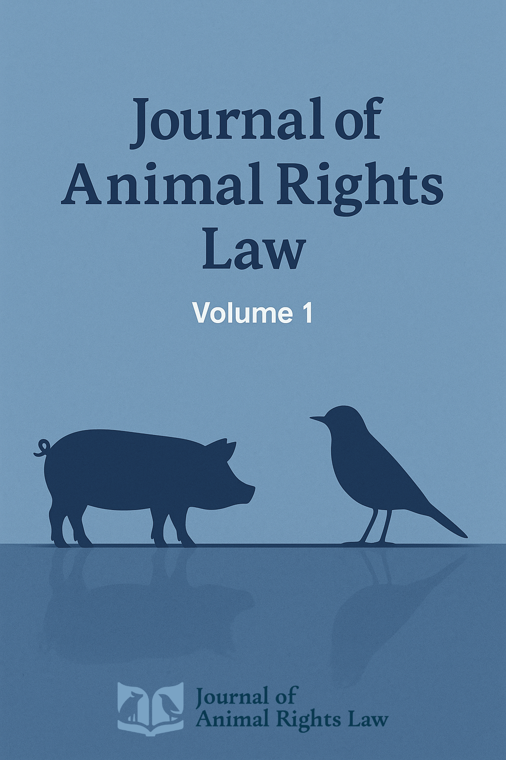logo representing two animal in a book, with a circular message displaying the name of the journal, the journal of animal rights law, and a slogan that aims the journal for all sentient beings