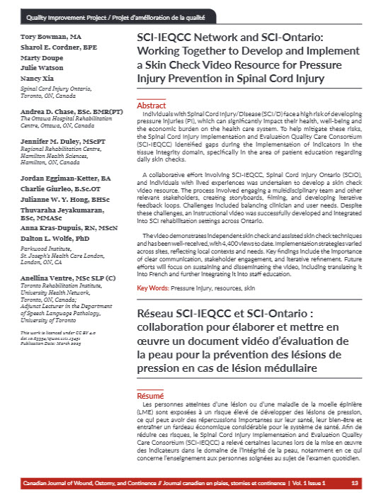 SCI-IEQCC Network and SCI-Ontario: Working Together to Develop and Implement a Skin Check Video  Resource for Pressure Injury Prevention in Spinal Cord Injury Cover Image